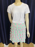 LuLu-B Pink and White Medallion on Lime Ruffle Skort